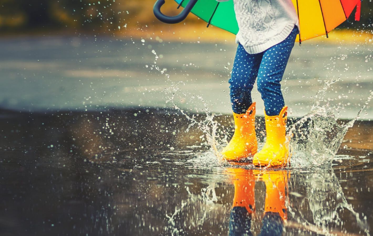 Yellow boots splashing in the rain